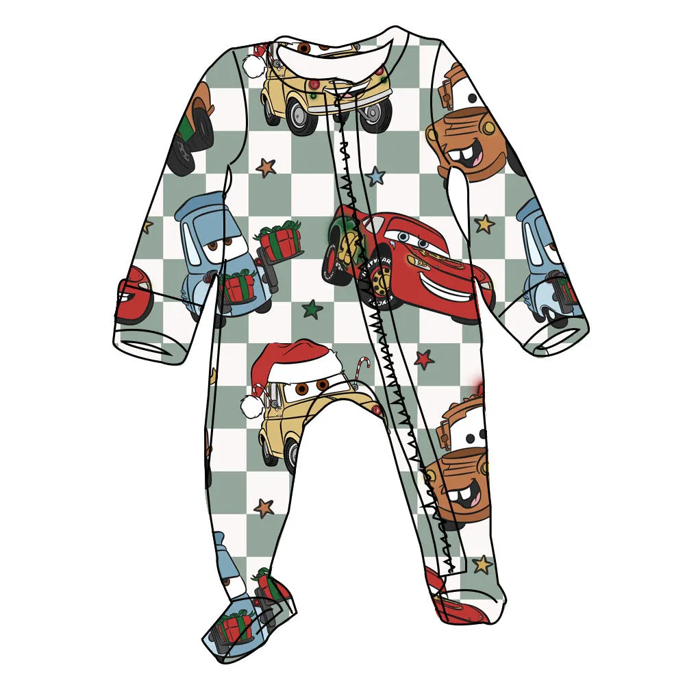 $16.00 EA- 0-3M X 2, 3-6M X 2, 6-12M X 1, 12-24M X 2  -  Christmas Zippies Sleepers - Green Checker Cars