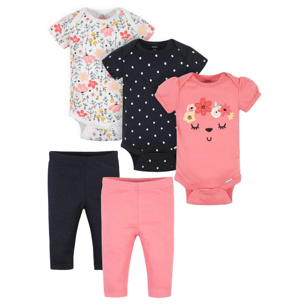 5-Piece Baby Girls Garden Floral Onesies® Bodysuits & Pants Sets