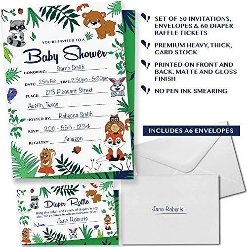 50 Woodland Baby Shower Invitations - 60 Diaper Raffle Cards & Blank