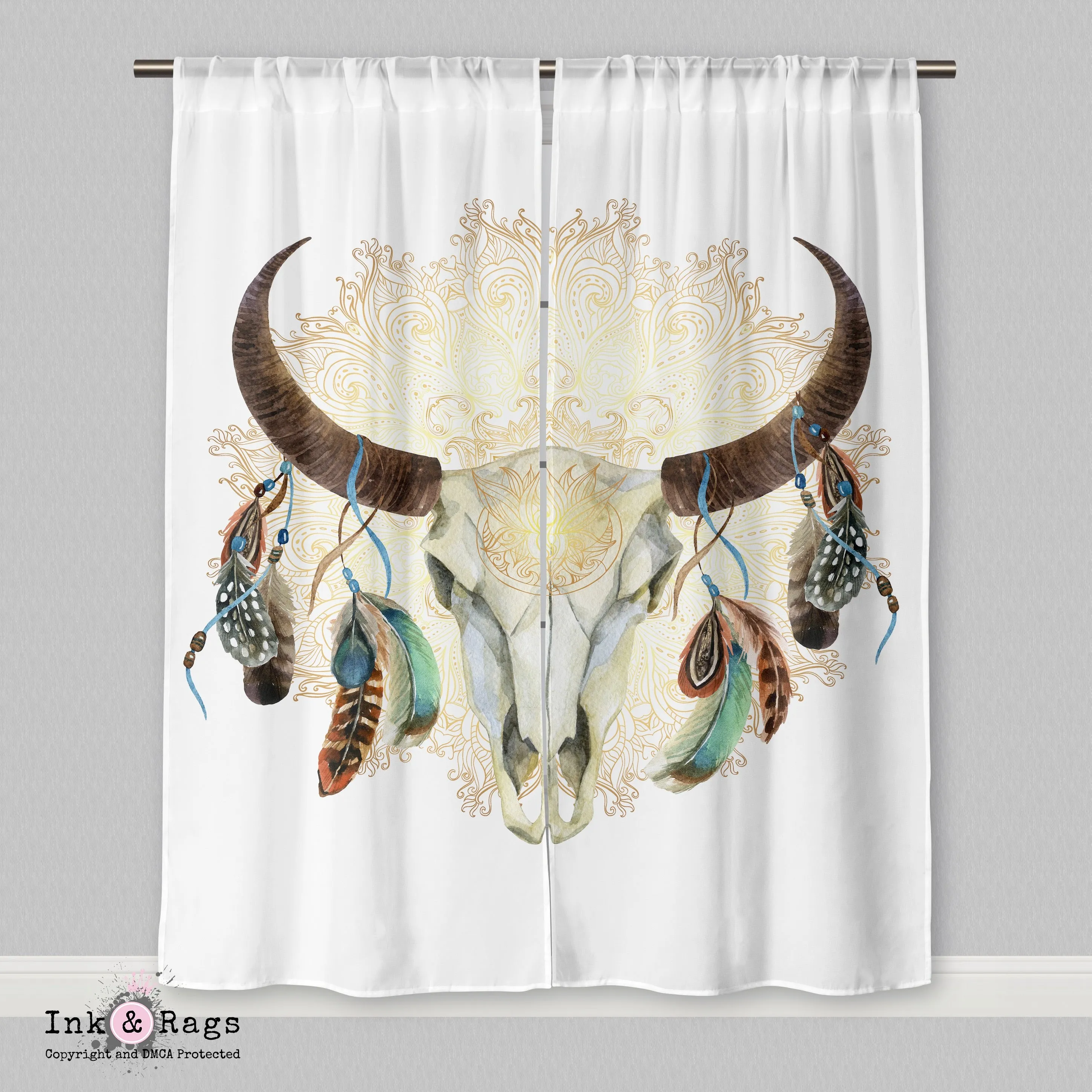 Fire Mandala Boho Feather Buffalo Skull Curtains