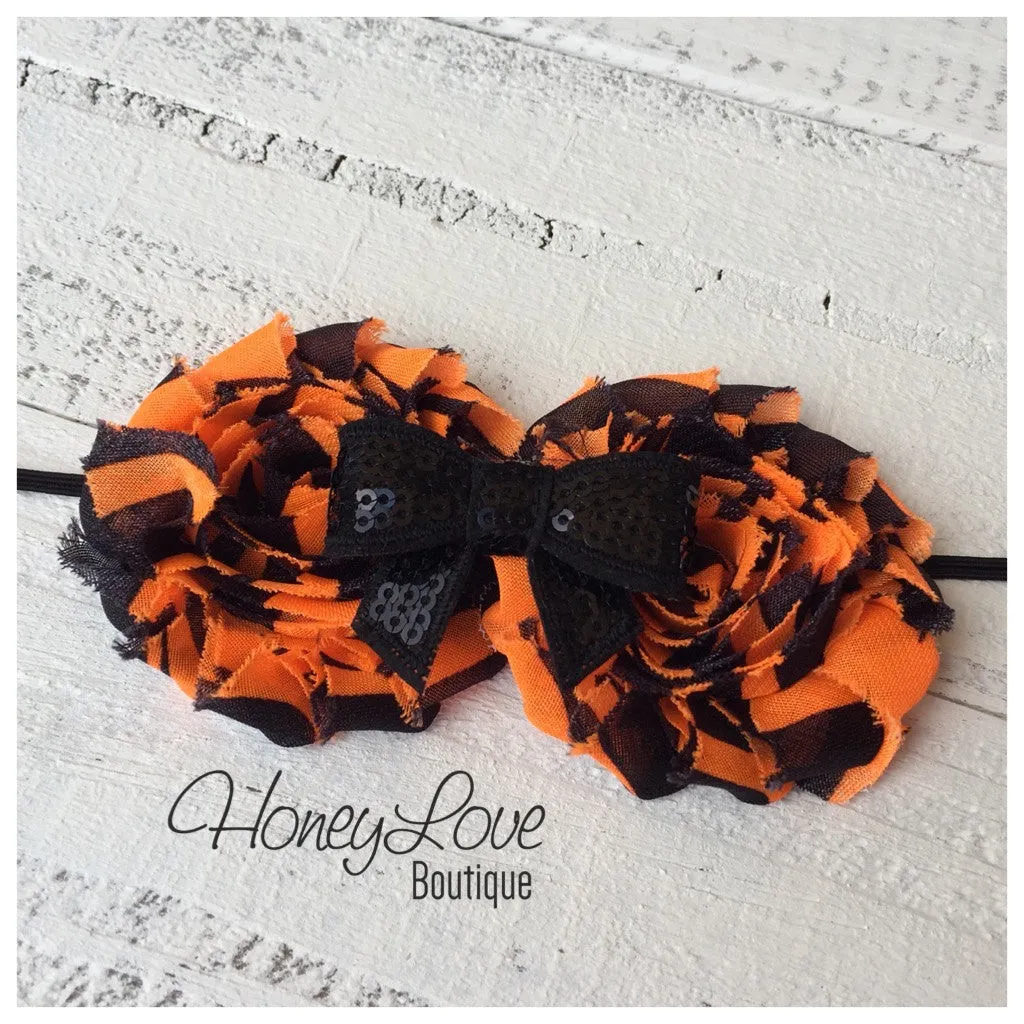 Halloween Headband - Double Shabby Flower and Sequin Bow