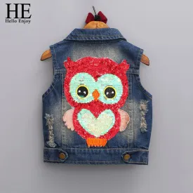 HE Hello Enjoy girls outerwear 2017 Autumn girls clothes children Cartoon Owl Appliques Coat Cowboy Waistcoats Length Jacket