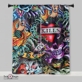 Love Kills Retro Tattoo Skull Curtains