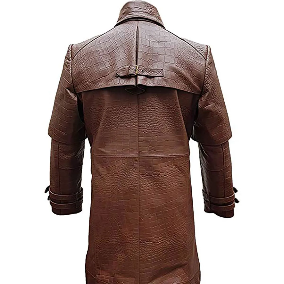 Mens Brown Leather Crocodile Print Goth Matrix Steampunk Gothic Trench Coat T5-CROC