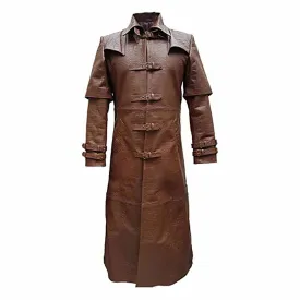 Mens Brown Leather Crocodile Print Goth Matrix Steampunk Gothic Trench Coat T5-CROC