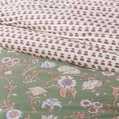 New - 2pc Twin/Twin Extra Long Boho Reversible Printed Comforter & Sham Set Green Floral - Threshold