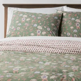 New - 2pc Twin/Twin Extra Long Boho Reversible Printed Comforter & Sham Set Green Floral - Threshold