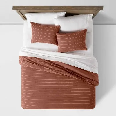 New - 3pc California King Simple Woven Stripe Duvet & Sham Set Cognac - Threshold