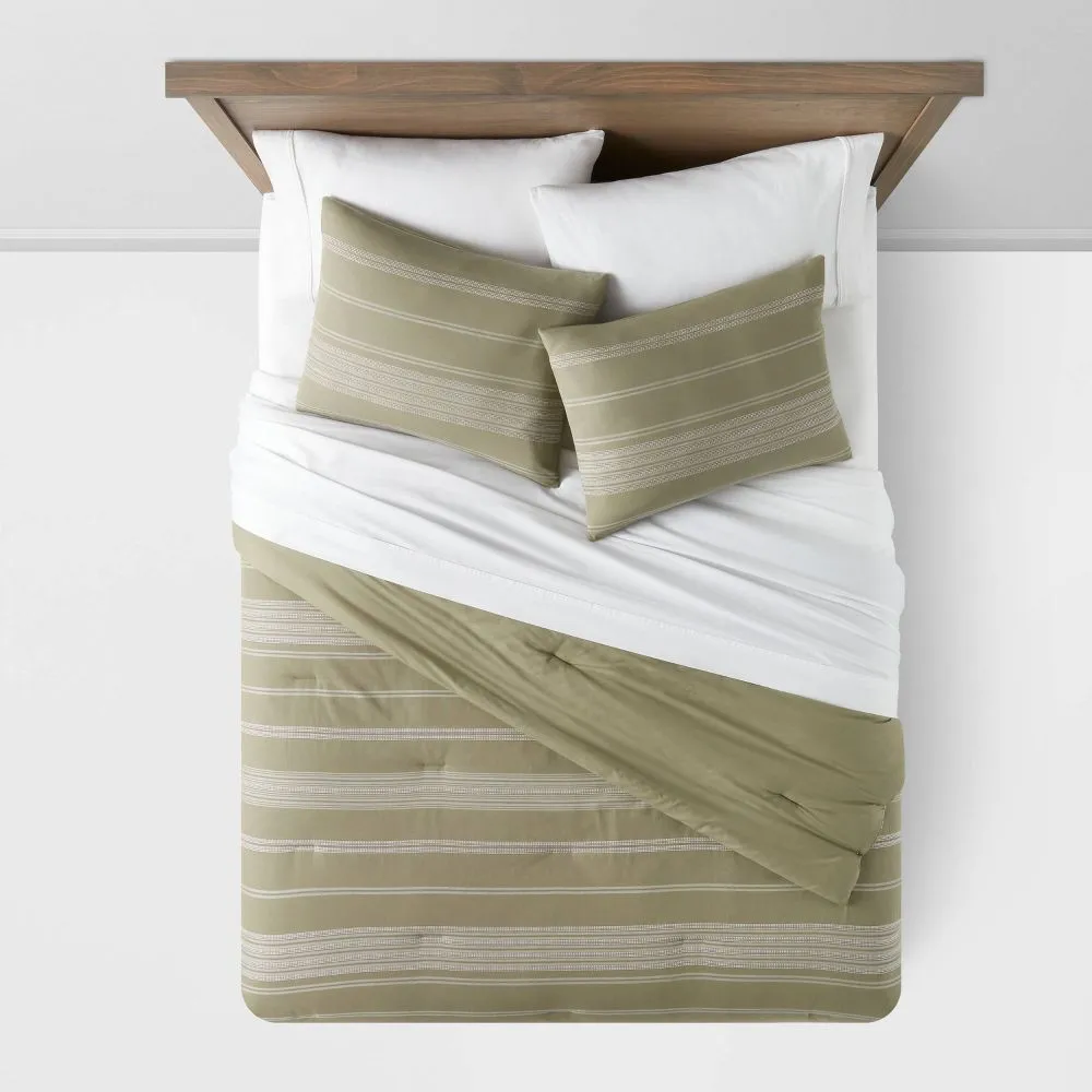 New - Twin/Twin Extra Long Cotton Woven Stripe Comforter & Sham Set Moss Green/White - Threshold