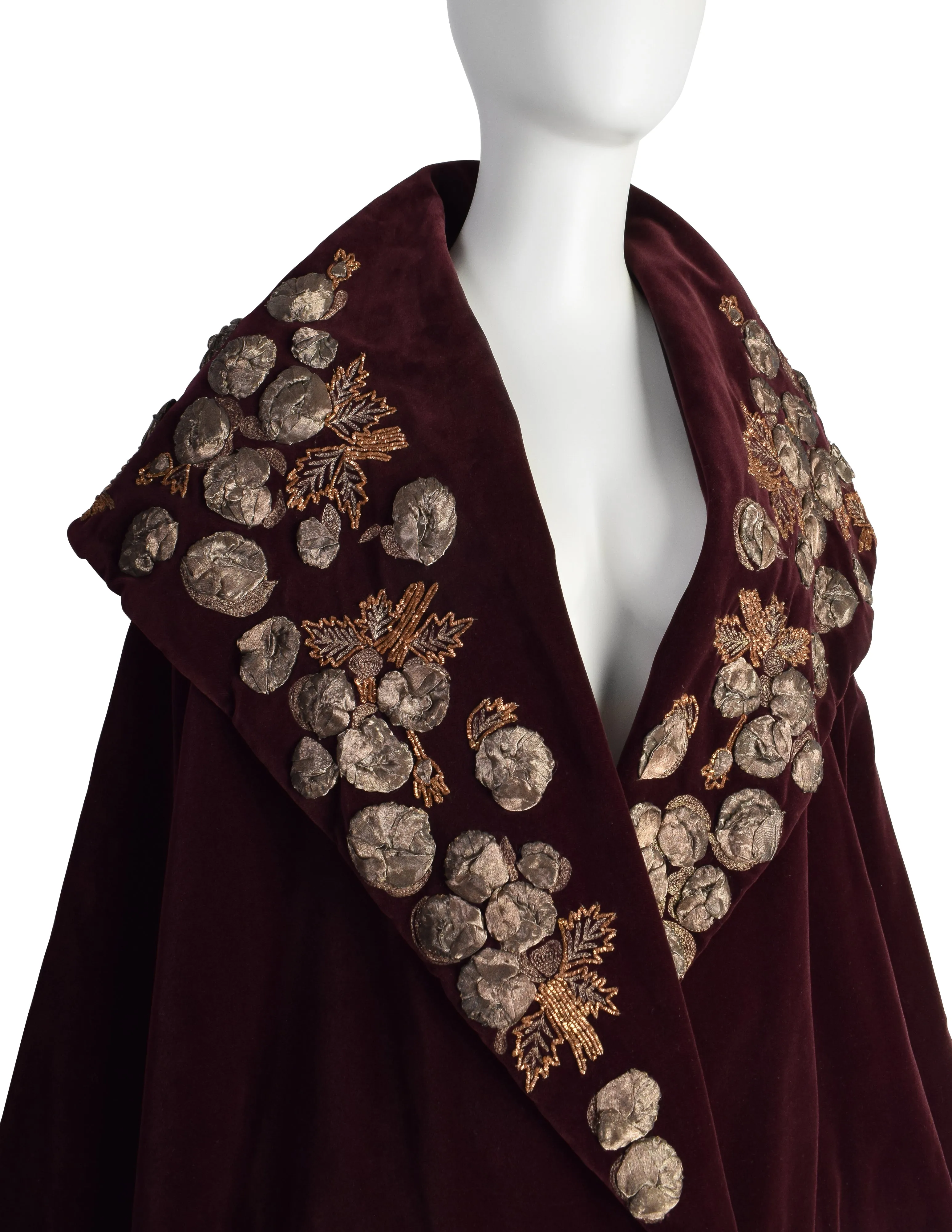 Romeo Gigli Vintage AW 1989 Burgundy Velvet Embellished Shawl Collar Cropped Coat