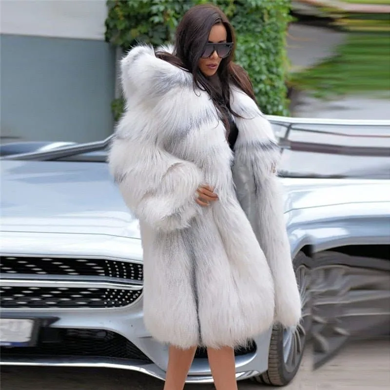 Thick Fox Fur Coat With Hood