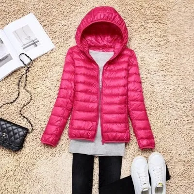 Trendy Ultra Light Solid Long Sleeve Hooded Puffy Jacket