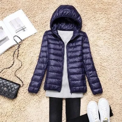 Trendy Ultra Light Solid Long Sleeve Hooded Puffy Jacket