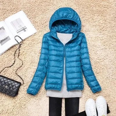 Trendy Ultra Light Solid Long Sleeve Hooded Puffy Jacket