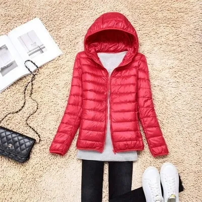 Trendy Ultra Light Solid Long Sleeve Hooded Puffy Jacket