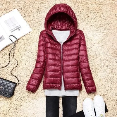 Trendy Ultra Light Solid Long Sleeve Hooded Puffy Jacket