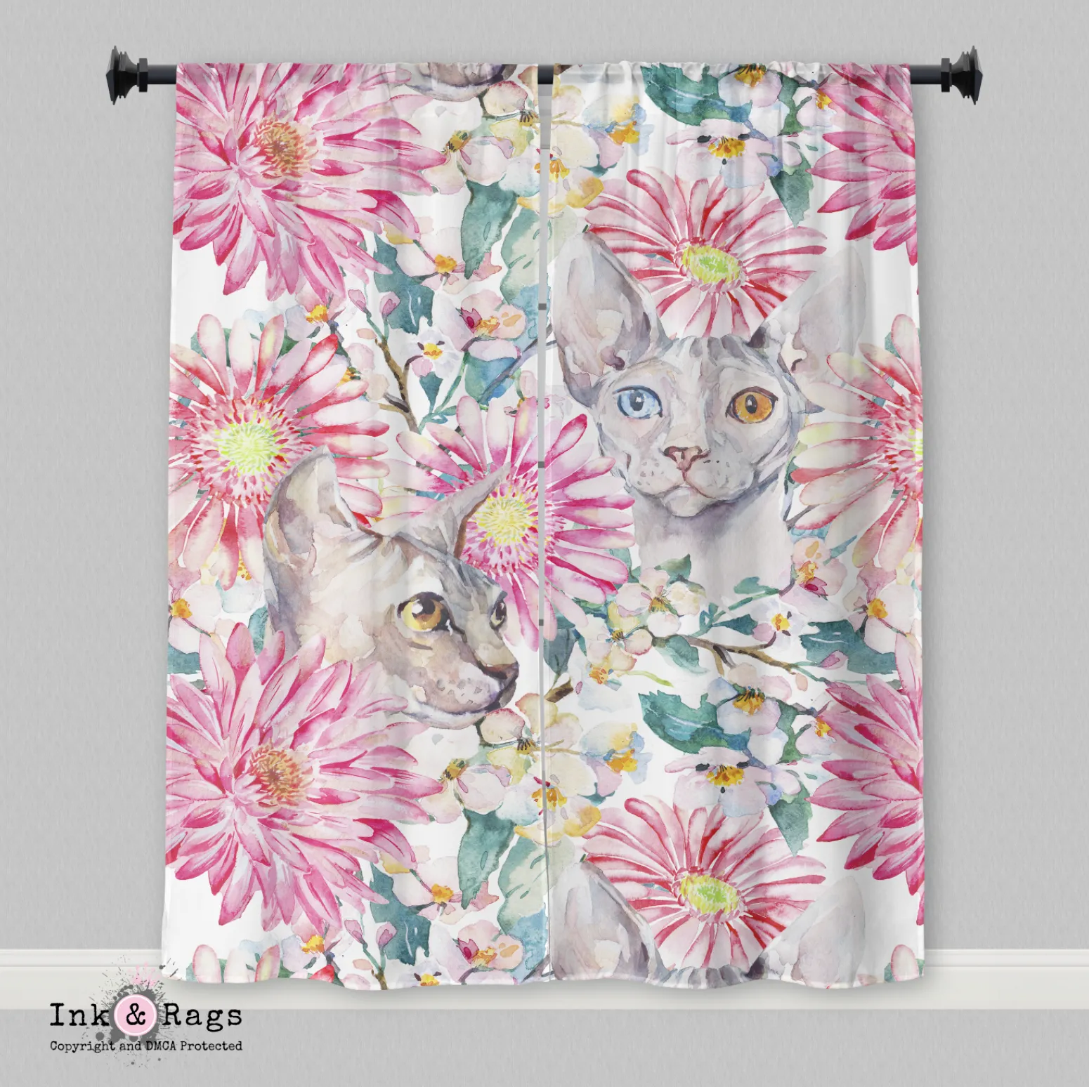 Watercolor Sakura Sphynx Cat Curtains